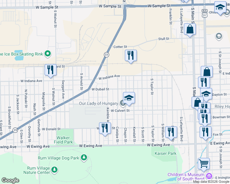 map of restaurants, bars, coffee shops, grocery stores, and more near 851-899 West Dubail Street in South Bend