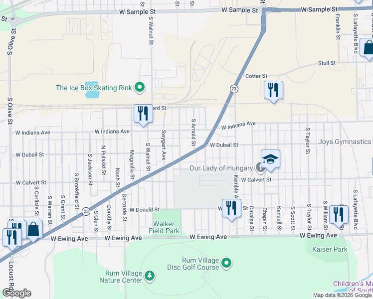 map of restaurants, bars, coffee shops, grocery stores, and more near 1652-1698 Webster St in South Bend