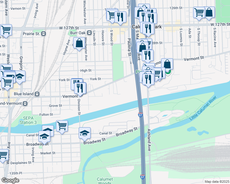 map of restaurants, bars, coffee shops, grocery stores, and more near 13046 South Wood Street in Blue Island