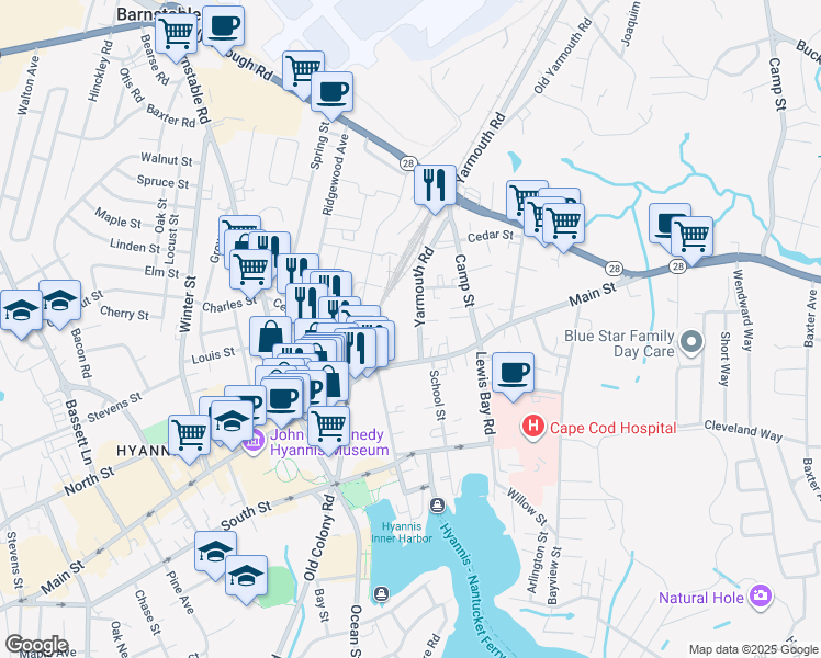 map of restaurants, bars, coffee shops, grocery stores, and more near 200 Main Street in Barnstable