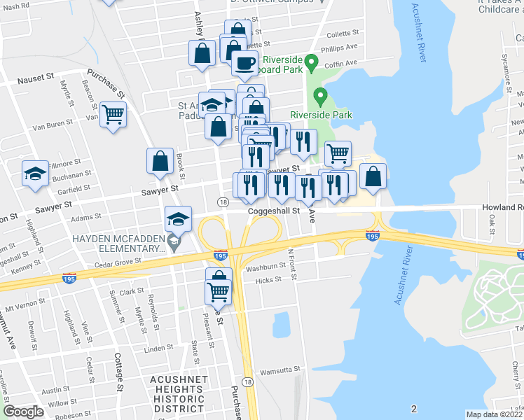 map of restaurants, bars, coffee shops, grocery stores, and more near 309 Coggeshall Street in New Bedford
