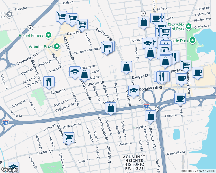 map of restaurants, bars, coffee shops, grocery stores, and more near 448 Sawyer Street in New Bedford