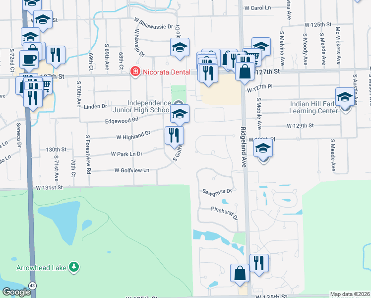 map of restaurants, bars, coffee shops, grocery stores, and more near 12910 South Golfview Lane in Palos Heights