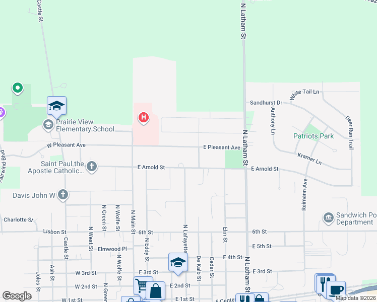 map of restaurants, bars, coffee shops, grocery stores, and more near 409 East Pleasant Avenue in Sandwich