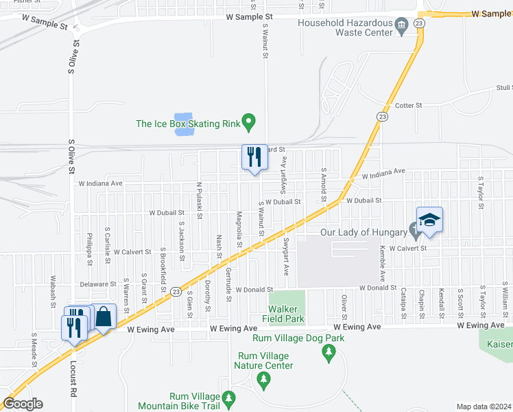 map of restaurants, bars, coffee shops, grocery stores, and more near 1705 South Walnut Street in South Bend
