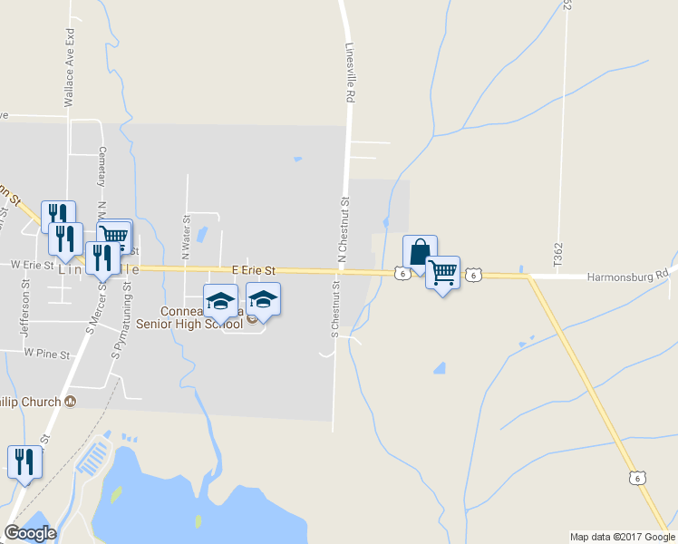 map of restaurants, bars, coffee shops, grocery stores, and more near 2605 East Erie Street in Linesville