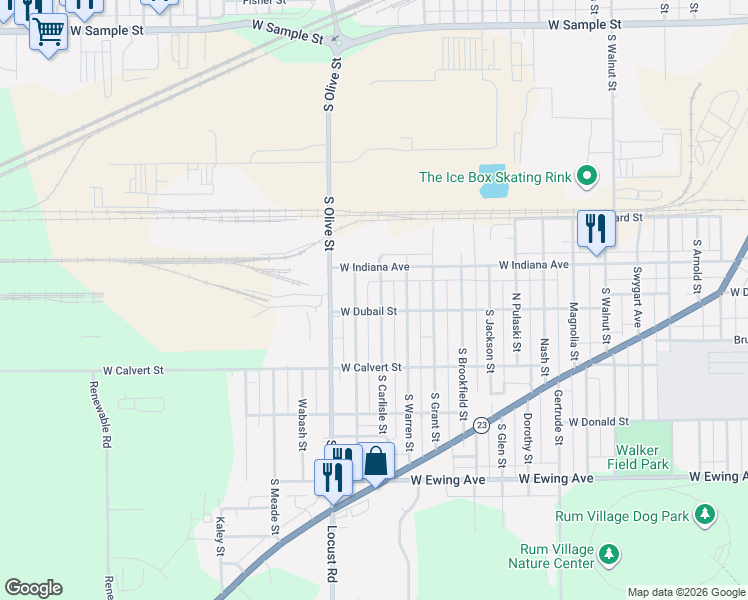 map of restaurants, bars, coffee shops, grocery stores, and more near 1616 Philippa Street in South Bend