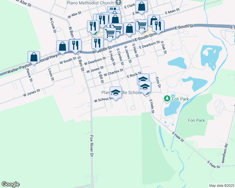 map of restaurants, bars, coffee shops, grocery stores, and more near 712 South Hugh Street in Plano