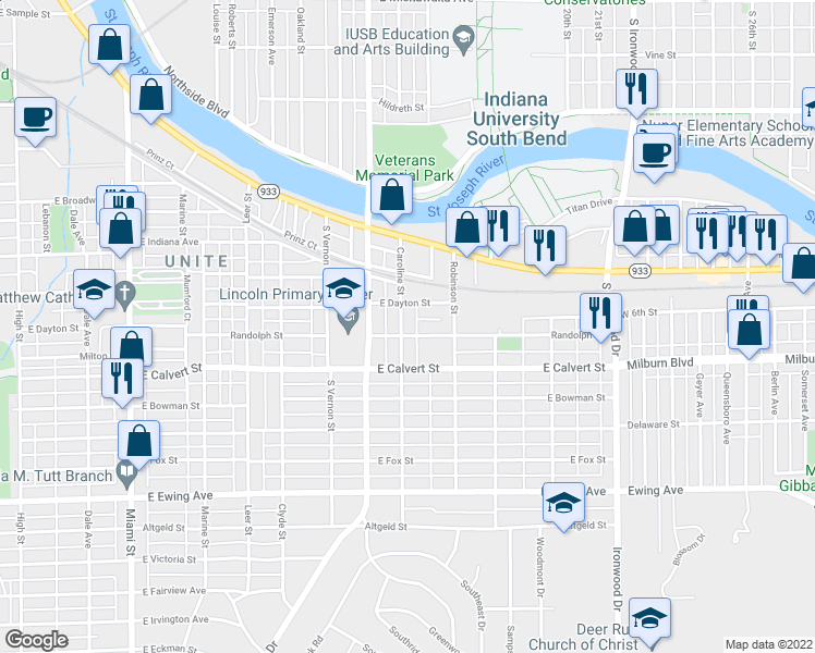 map of restaurants, bars, coffee shops, grocery stores, and more near 1734 Caroline Street in South Bend