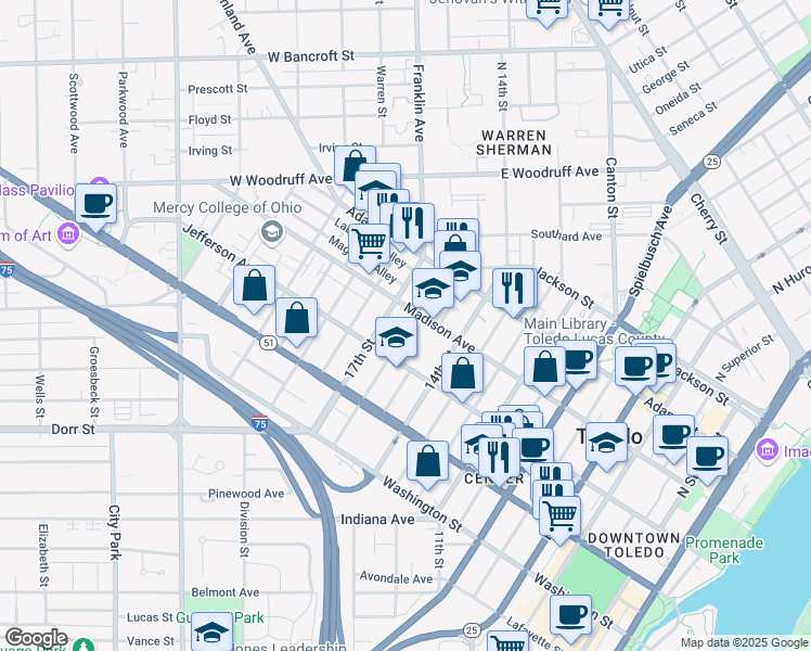 map of restaurants, bars, coffee shops, grocery stores, and more near 241 16th Street in Toledo