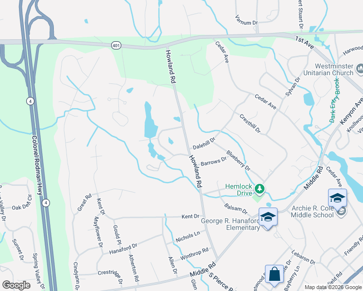 map of restaurants, bars, coffee shops, grocery stores, and more near 225 Howland Road in East Greenwich