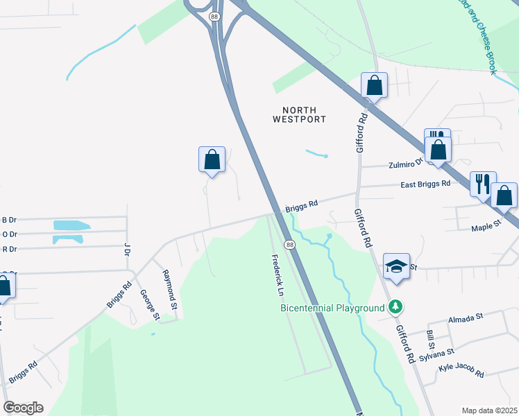 map of restaurants, bars, coffee shops, grocery stores, and more near 85 Briggs Road in Westport