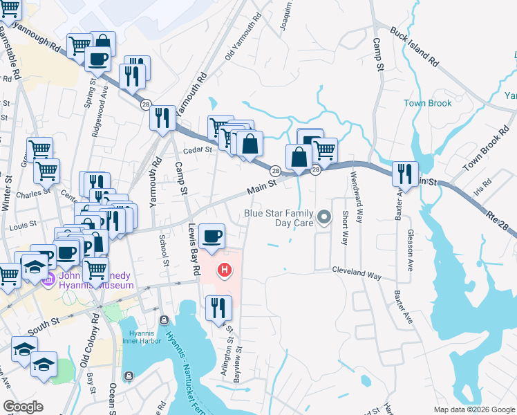 map of restaurants, bars, coffee shops, grocery stores, and more near 4 Bayview Street in Yarmouth