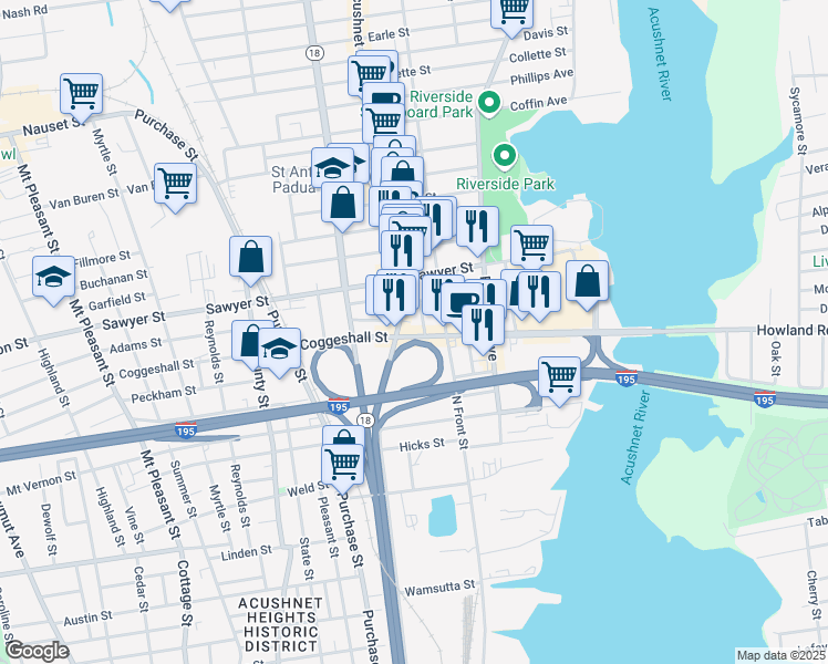 map of restaurants, bars, coffee shops, grocery stores, and more near 70 Howard Street in New Bedford