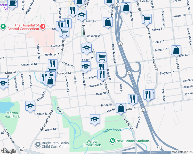 map of restaurants, bars, coffee shops, grocery stores, and more near 297 South Main Street in New Britain