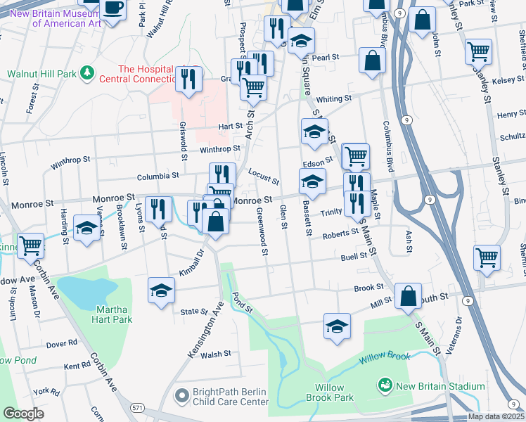 map of restaurants, bars, coffee shops, grocery stores, and more near 51 Greenwood Street in New Britain