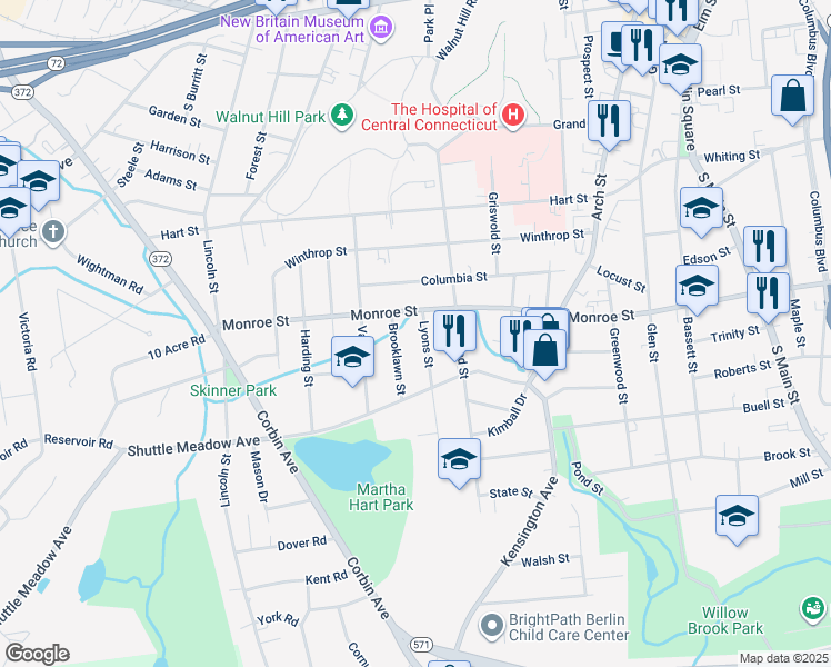 map of restaurants, bars, coffee shops, grocery stores, and more near 7 Lyons Street in New Britain