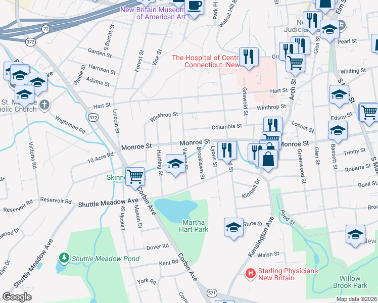 map of restaurants, bars, coffee shops, grocery stores, and more near 292 Monroe Street in New Britain