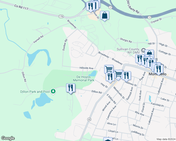 map of restaurants, bars, coffee shops, grocery stores, and more near 30 Hillside Avenue in Monticello