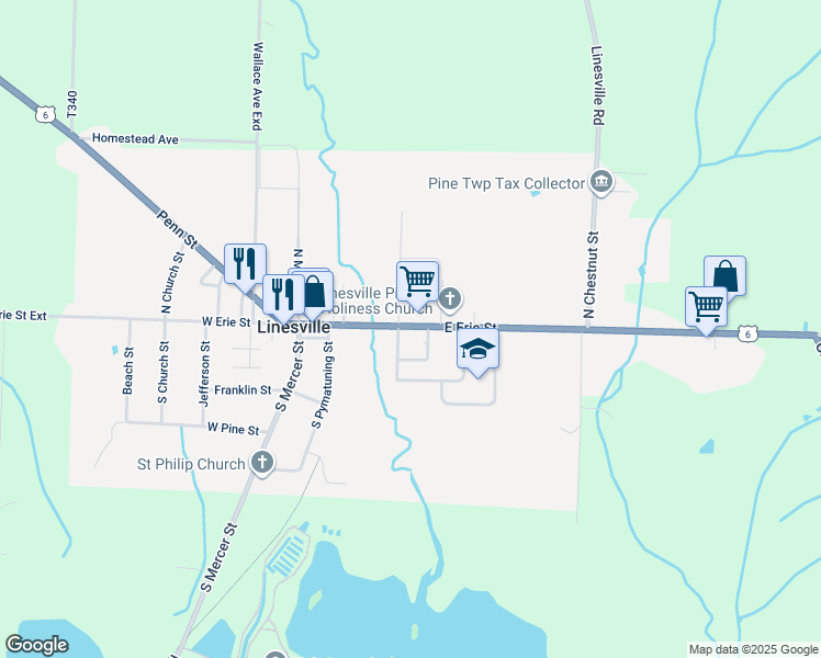 map of restaurants, bars, coffee shops, grocery stores, and more near North St in Linesville