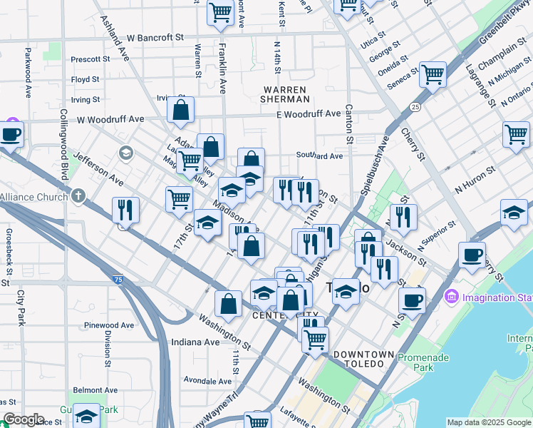 map of restaurants, bars, coffee shops, grocery stores, and more near 1311 Adams Street in Toledo