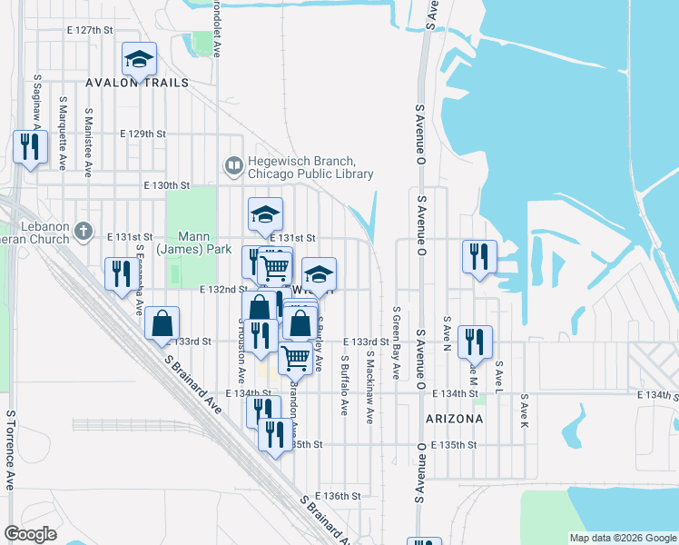map of restaurants, bars, coffee shops, grocery stores, and more near 13129 South Burley Avenue in Chicago