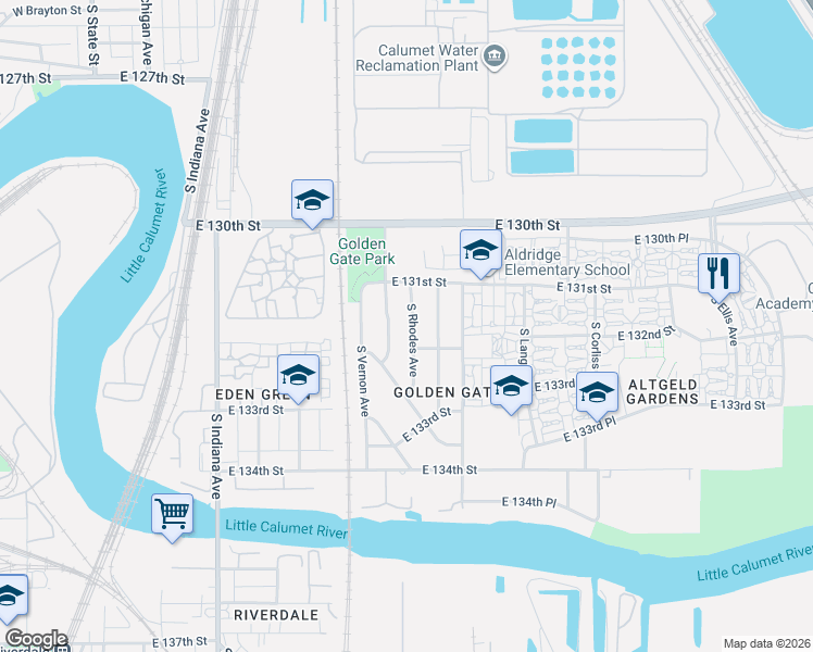 map of restaurants, bars, coffee shops, grocery stores, and more near 13130 South Eberhart Avenue in Riverdale