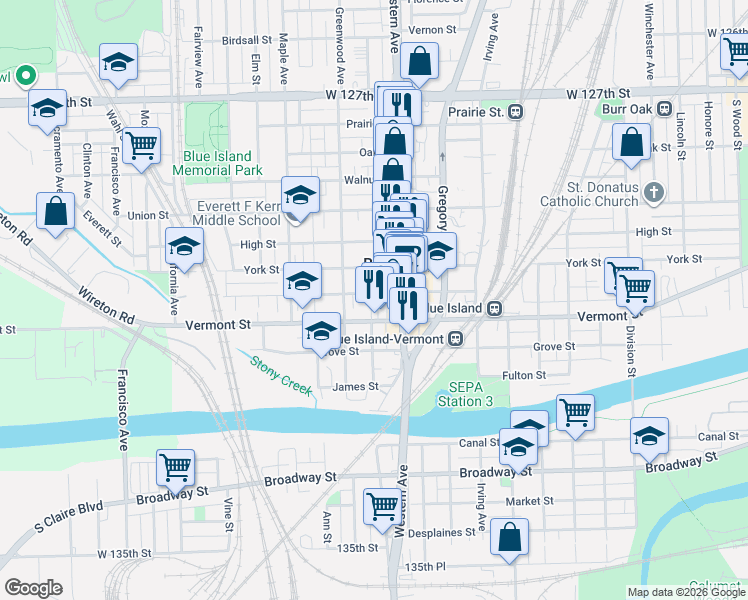 map of restaurants, bars, coffee shops, grocery stores, and more near 2422 New Street in Blue Island