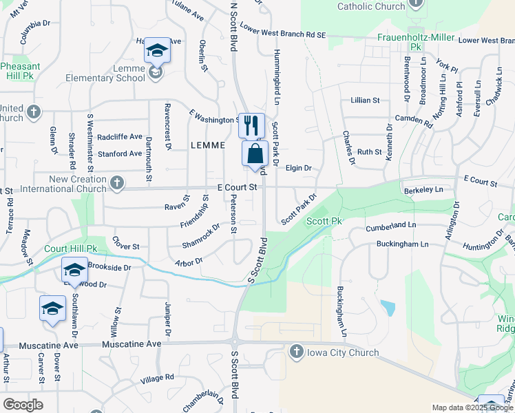 map of restaurants, bars, coffee shops, grocery stores, and more near 417 South Scott Boulevard in Iowa City