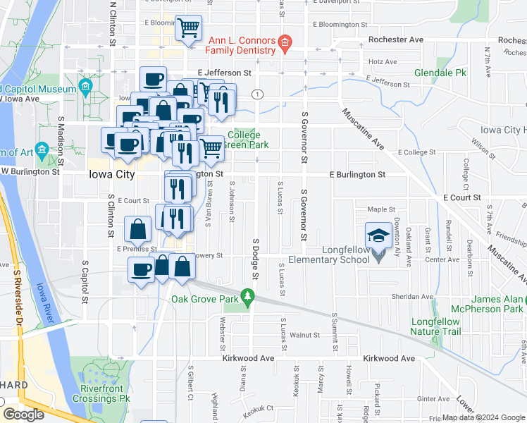 map of restaurants, bars, coffee shops, grocery stores, and more near 342 South Dodge Street in Iowa City