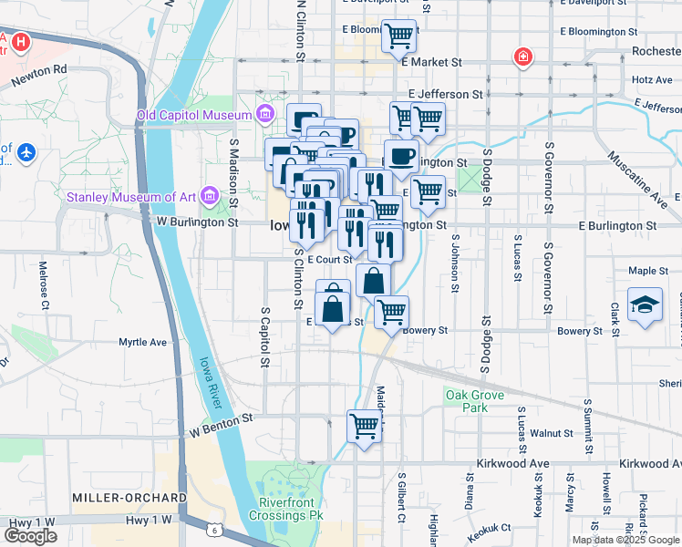 map of restaurants, bars, coffee shops, grocery stores, and more near in Iowa City