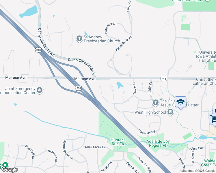 map of restaurants, bars, coffee shops, grocery stores, and more near 86 Donegal Place in Iowa City