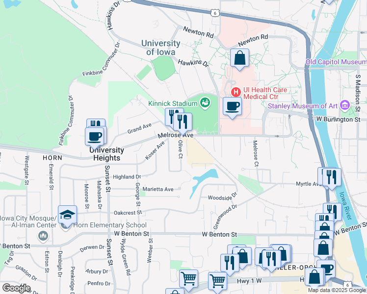 map of restaurants, bars, coffee shops, grocery stores, and more near 905 Melrose Avenue in Iowa City