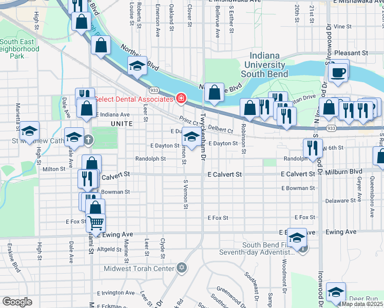 map of restaurants, bars, coffee shops, grocery stores, and more near 1425 East Calvert Street in South Bend