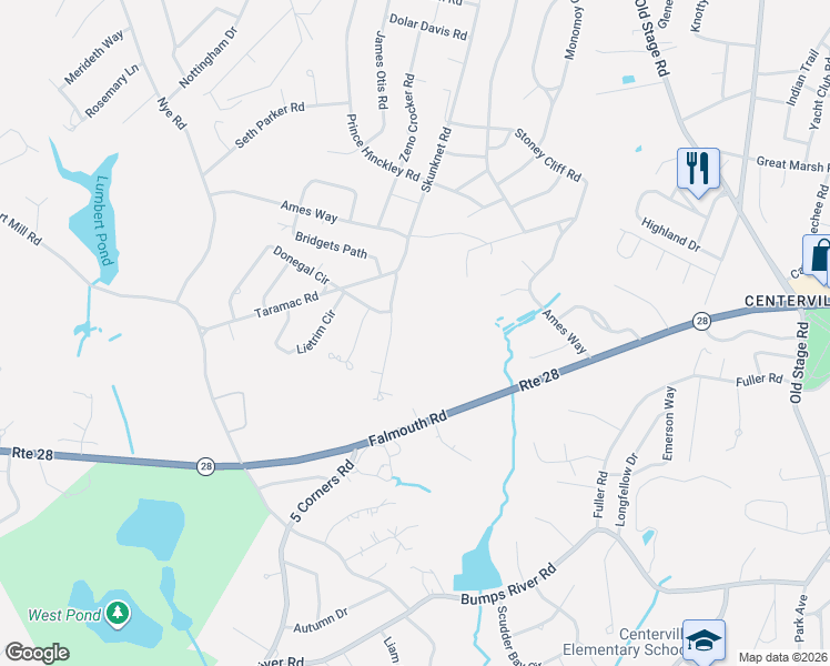 map of restaurants, bars, coffee shops, grocery stores, and more near 560 Skunknet Road in Barnstable