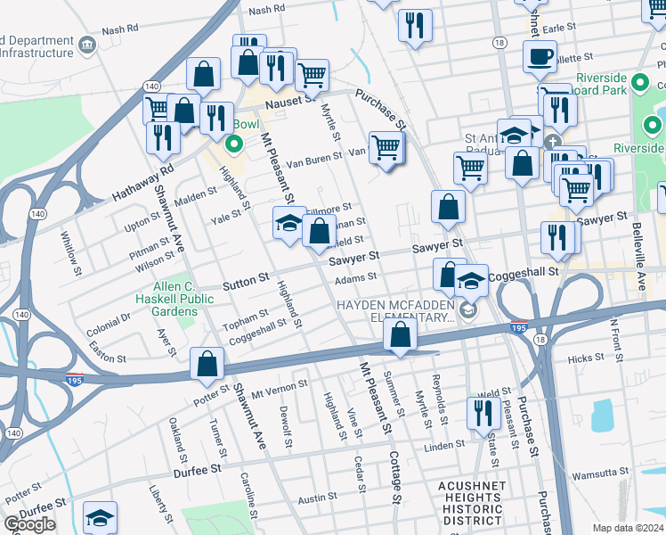 map of restaurants, bars, coffee shops, grocery stores, and more near 540 Sawyer Street in New Bedford