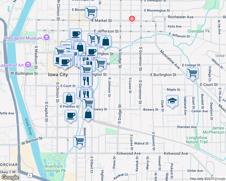 map of restaurants, bars, coffee shops, grocery stores, and more near 426 South Johnson Street in Iowa City