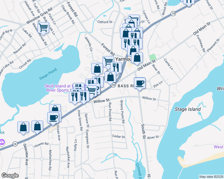 map of restaurants, bars, coffee shops, grocery stores, and more near 976 Massachusetts 28 in Yarmouth