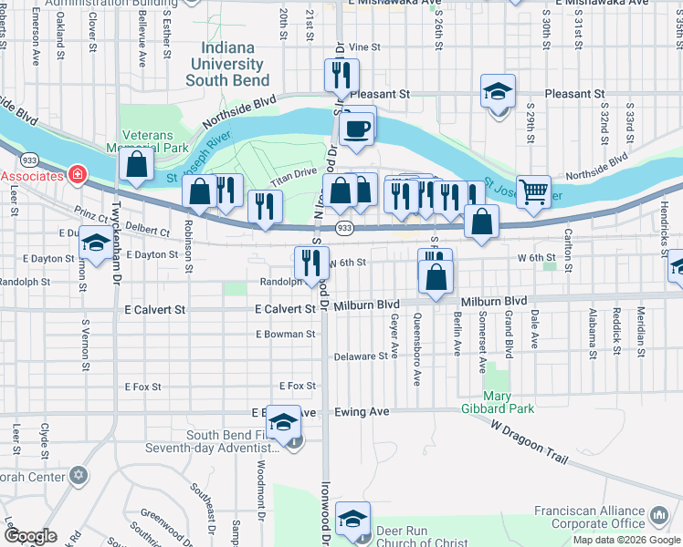 map of restaurants, bars, coffee shops, grocery stores, and more near 2844-2898 W 6th St in Mishawaka