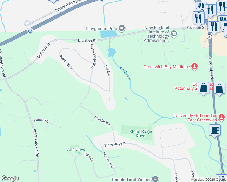 map of restaurants, bars, coffee shops, grocery stores, and more near 90 Fox Run in East Greenwich