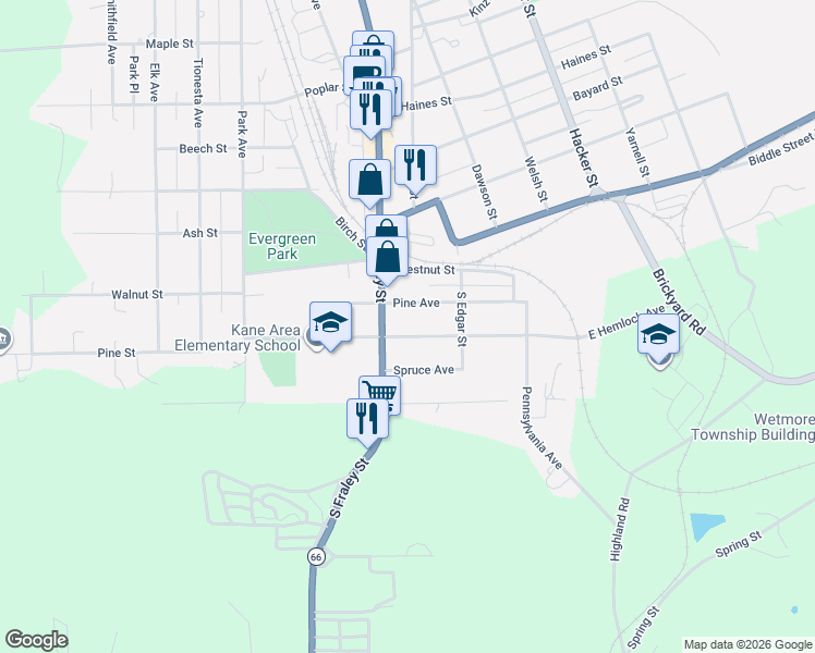 map of restaurants, bars, coffee shops, grocery stores, and more near 2-98 Pine Ave Exd in Kane