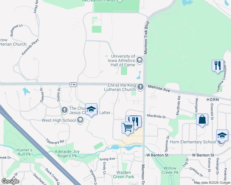 map of restaurants, bars, coffee shops, grocery stores, and more near 326 Willow Wind Place in Iowa City