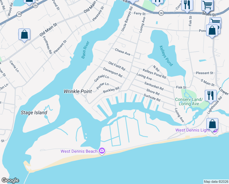map of restaurants, bars, coffee shops, grocery stores, and more near 3 Porter Lane in Dennis