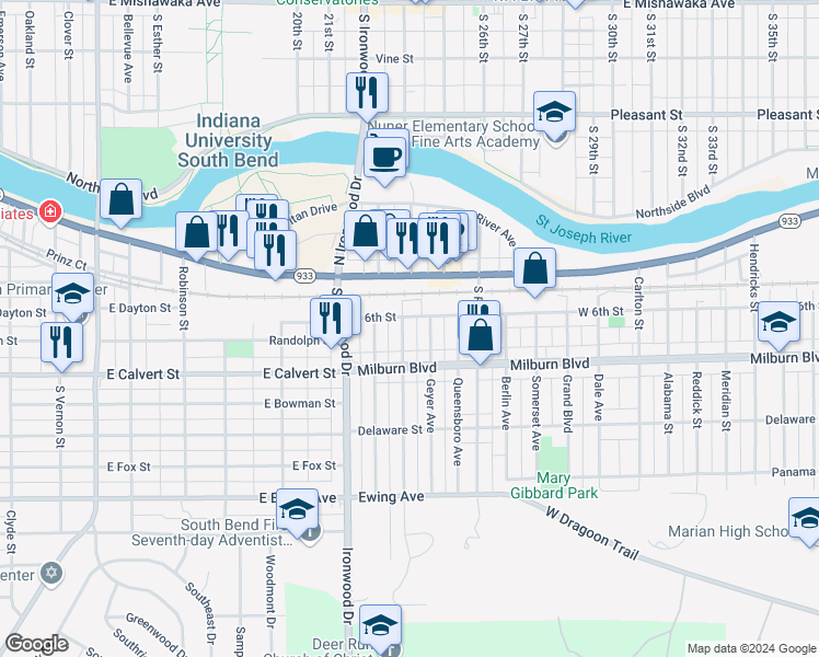 map of restaurants, bars, coffee shops, grocery stores, and more near 510 South Middleboro Avenue in Mishawaka