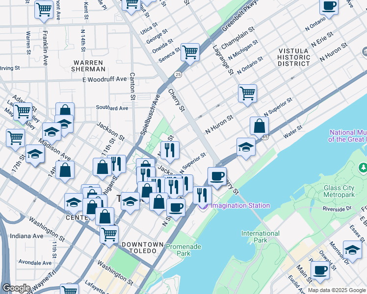 map of restaurants, bars, coffee shops, grocery stores, and more near 600 Orange Street in Toledo
