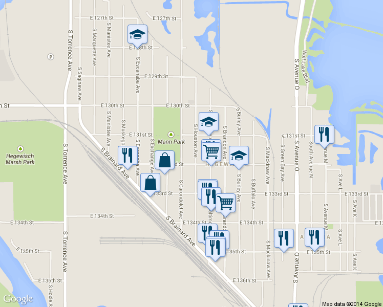 map of restaurants, bars, coffee shops, grocery stores, and more near 13138 S Houston Ave in Chicago