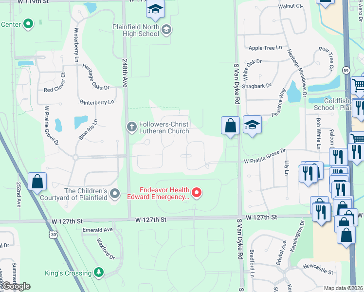 map of restaurants, bars, coffee shops, grocery stores, and more near 24545 West Prairie Grove Drive in Plainfield