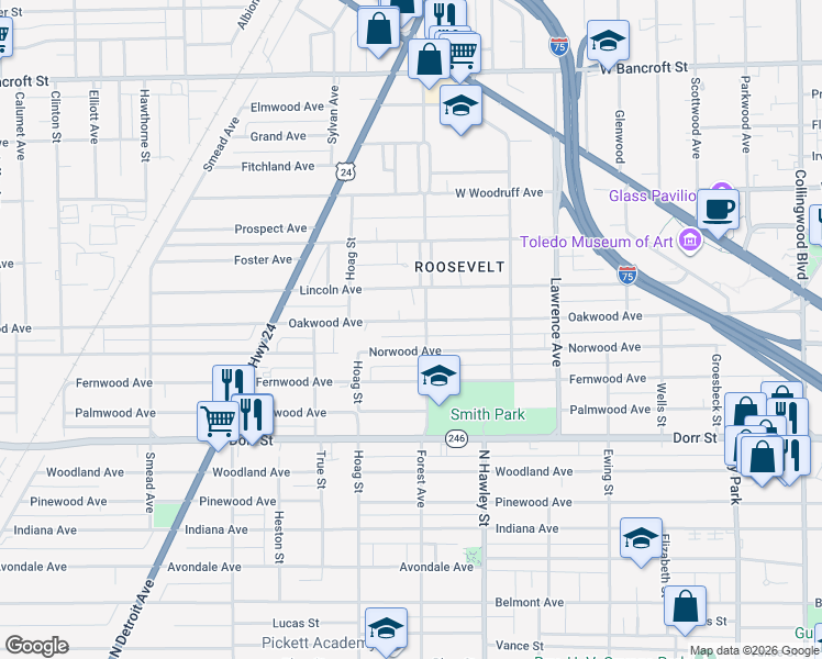 map of restaurants, bars, coffee shops, grocery stores, and more near 1084 Oakwood Avenue in Toledo
