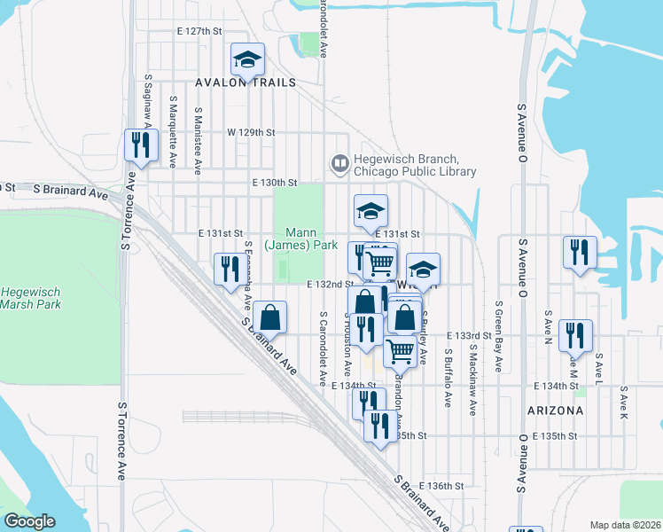 map of restaurants, bars, coffee shops, grocery stores, and more near 13133 South Carondolet Avenue in Chicago