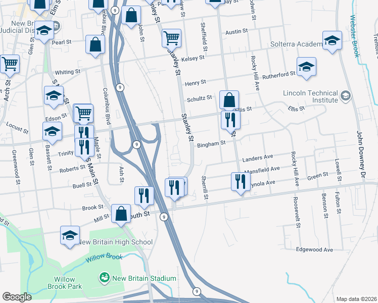 map of restaurants, bars, coffee shops, grocery stores, and more near 296 Stanley Street in New Britain